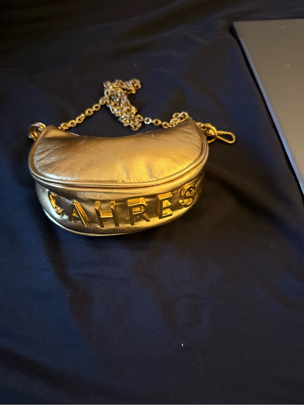 Gold Metallic Crescent Crossbody Bag with Lettering and Chain Strap